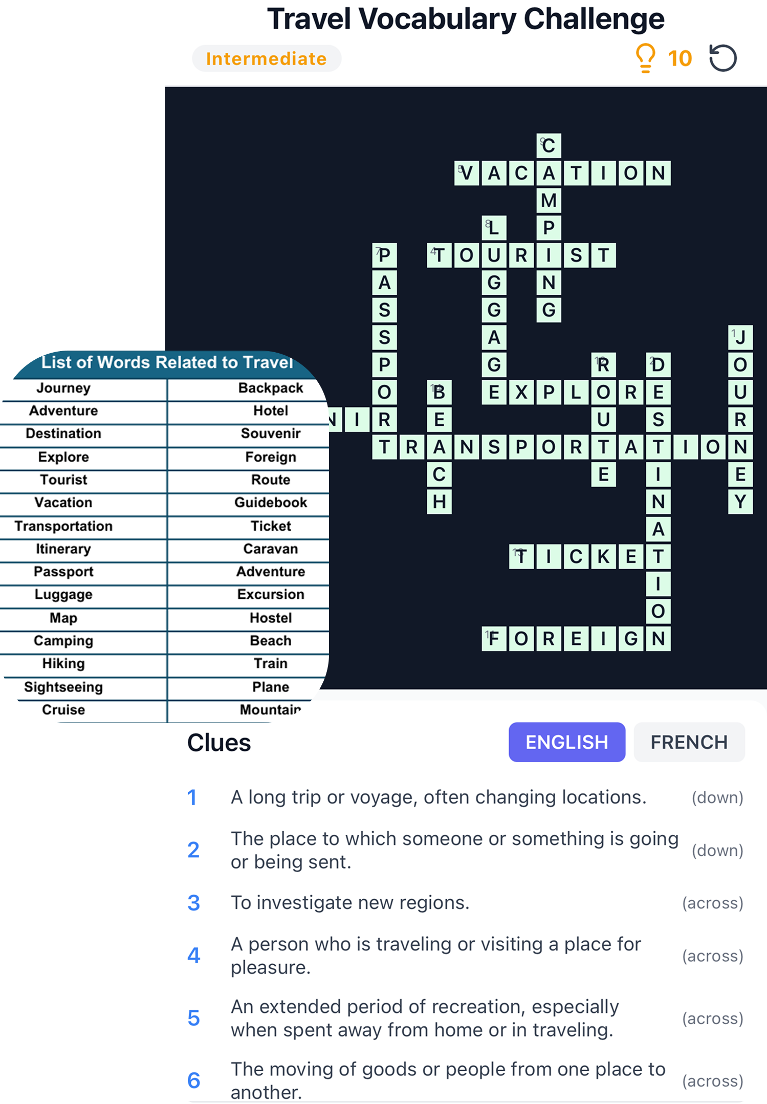 Travel Vocabulary Challenge - AI Generated Crossword